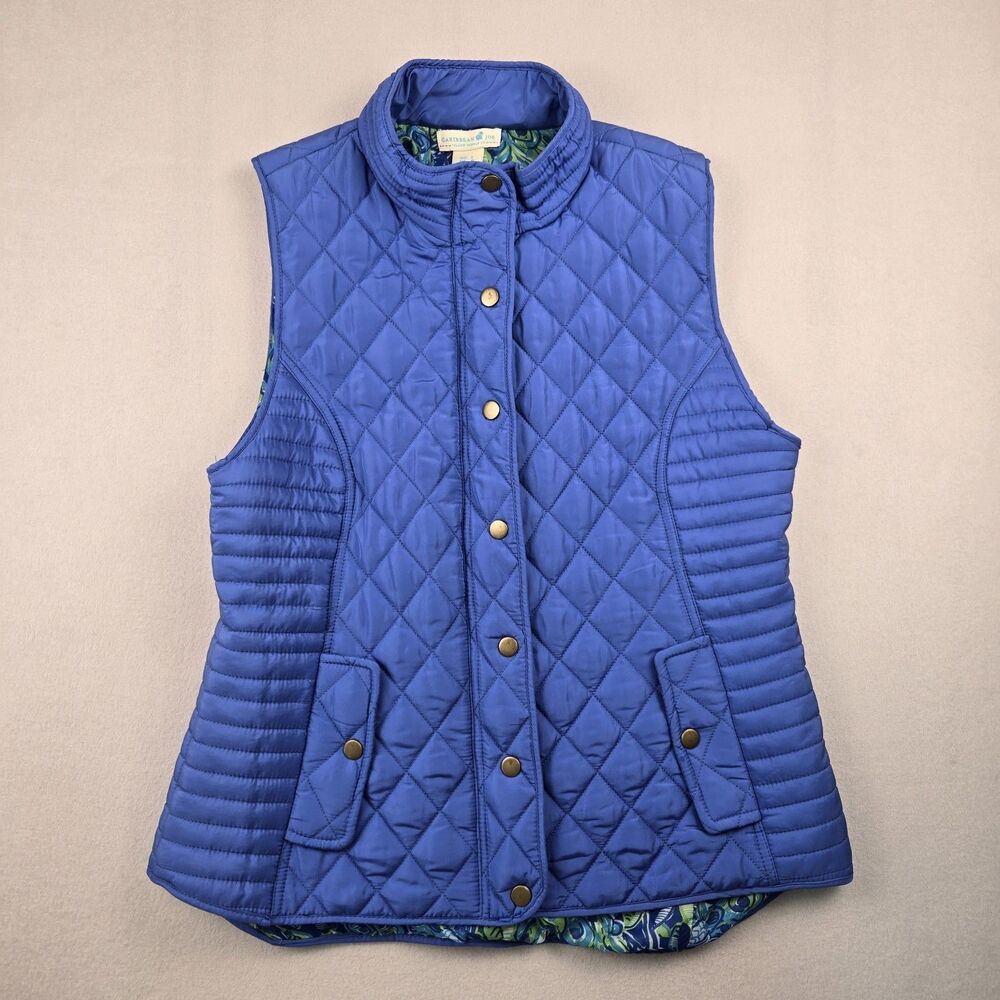 Caribbean Joe Island Supply Quilted Vest Size Large Blue Peacock Lined Snap Zip